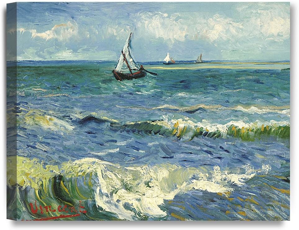 DECORARTS - The Sea at Les Saintes-Maries-de-la-Mer, Vincent Van Gogh Art Reproduction. giclee print canvas art for wall decor 20x16