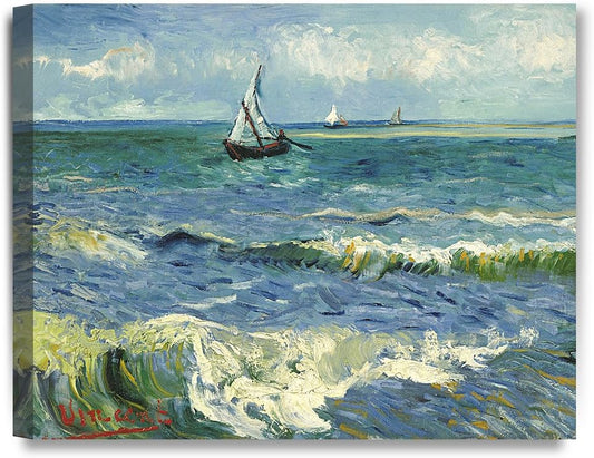 DECORARTS - The Sea at Les Saintes-Maries-de-la-Mer, Vincent Van Gogh Art Reproduction. giclee print canvas art for wall decor 20x16