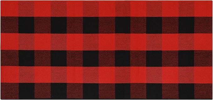 SEEKSEE Cotton Buffalo Plaid Rug 24"x52" Black and Red Checked Rug Washable Doormats Indoor Outdoor Rugs for Layered Front Door Mats, Porch, Kitchen, Farmhouse, Entryway