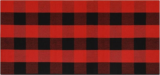 SEEKSEE Cotton Buffalo Plaid Rug 24"x52" Black and Red Checked Rug Washable Doormats Indoor Outdoor Rugs for Layered Front Door Mats, Porch, Kitchen, Farmhouse, Entryway