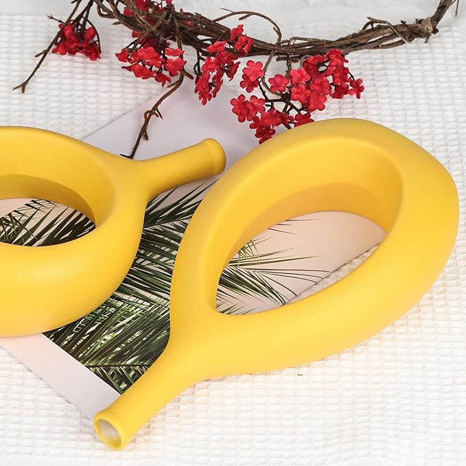 Yellow Ceramic Hollow Elliptical Vase Set of 2 - Boho Circle Vase with Hole, for Modern Yellow Table Decor, Living Room Decor Shelf mid Century Modern Home Entrance Decorative vase