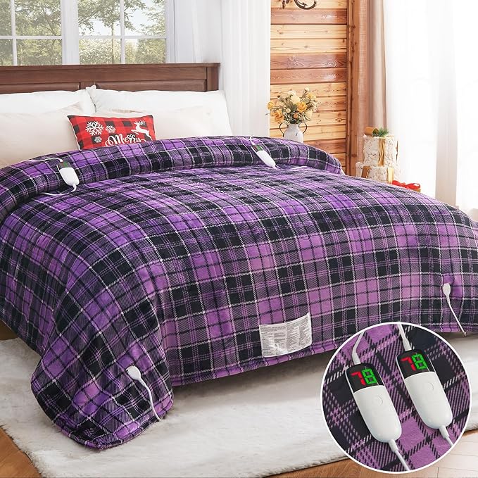 Heated Electric Blanket King Size, 90X100 Heating Blanket King with Dual Control&10 Heats Levels&Timer for Bed,Large Purple Plaid Sherpa Blankets Warmer Gifts for Grandma Women Adults, Washable,ETL