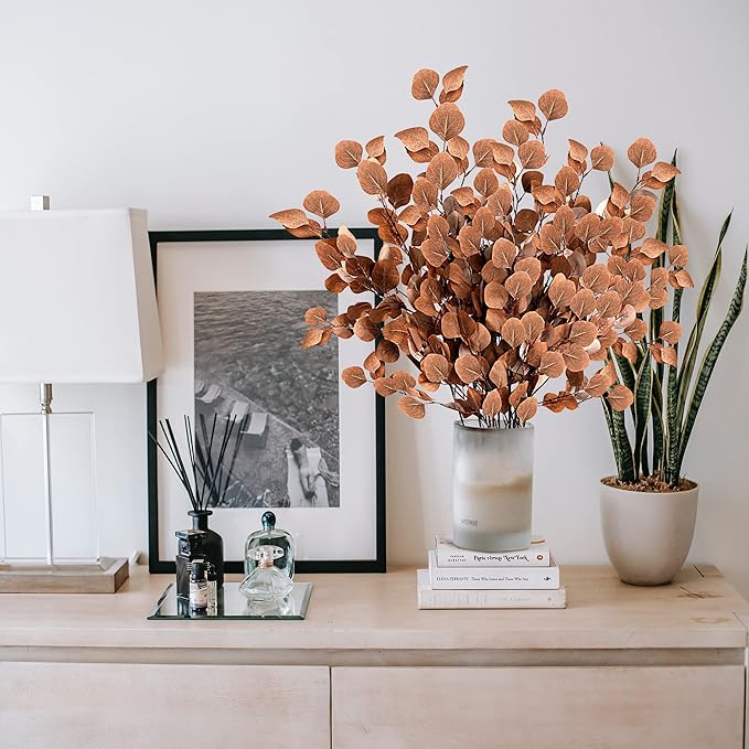 Sggvecsy 6 Pcs Fall Artificial Eucalyptus Stems Long Silver Dollar Leaves Fake Silk Eucalyptus Leaf Branches for Indoor Home Autumn Festival Thanksgiving Decor(Dark Brown)