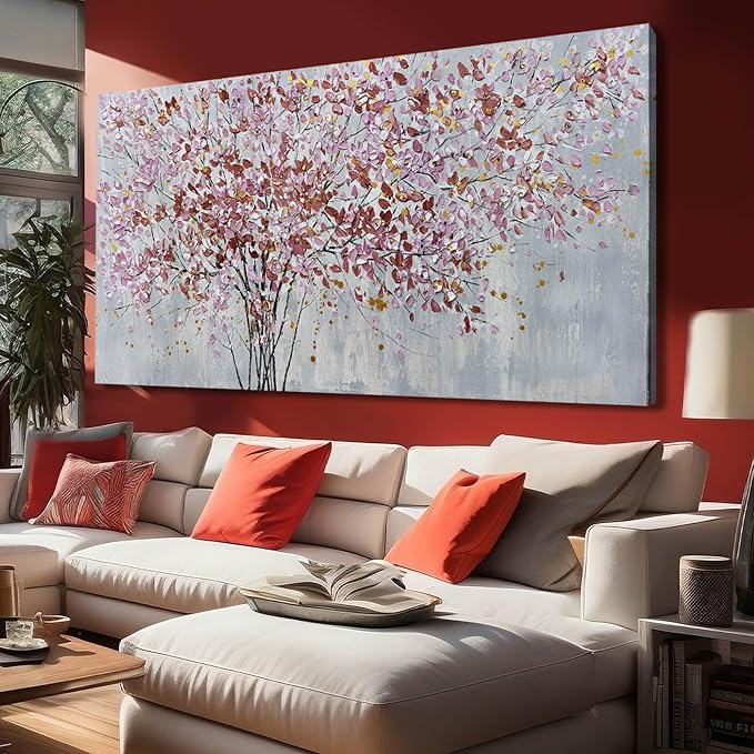 Gold and Pink Canvas Wall Decor Botanical Prints Floral Wall Art Line Painting for Living Room Tree Scenery Picture for Home Hotel 29x58 Inch