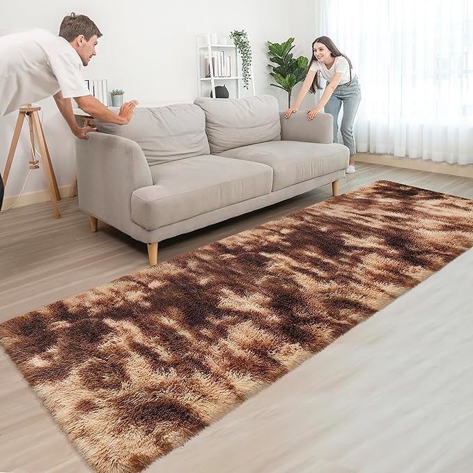Super Soft Fluffy Living Room Area Rug 3x10 ft Tie-Dyed Brown Shaggy Furry Carpet Washable Non-Slip Floor Rugs Bedroom Bedside Nursery Rug Fuzzy Girls Boy Dorm Home Decor Aesthetic