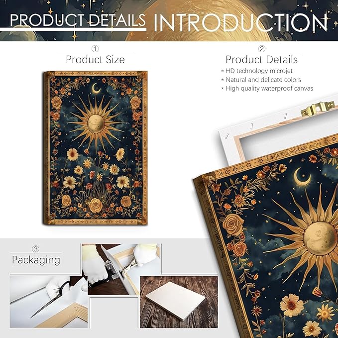 Sun and Moon Celestial Canvas Wall Art Tarot Crescent Moon Wall Decor Pictures Gothic Wildflowers Painting Posters Prints Aesthetic Dark Academia Vibe Artwork for Bedroom Home Decor Framed (12inx16in canvas)