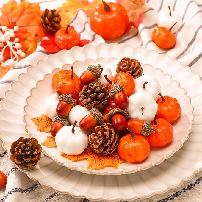 Yookeer 120pcs Mini Pumpkins Acorns Pine Cones Fall Decoration Thanksgiving Artificial Small Pumpkins Fake Props Bulk Rustic Vase Filler for Autumn Harvest DIY Craft Table Centerpiece(Lovely Color)