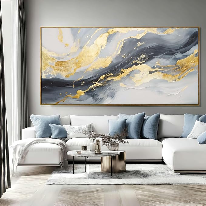 SDYA Large Abstract Canvas Wall Art Gold Decoration Blue Painting for Living Room Bedroom Kitchen Home Office 29x58 Inch