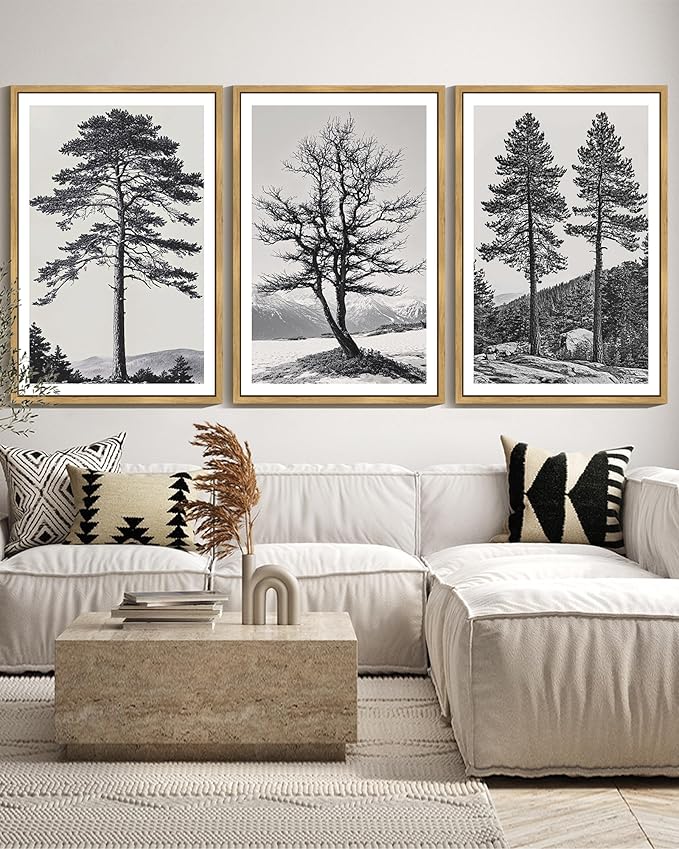 KUVIOKE Vintage Black Gray Forest Wall Art Framed Antique Retro Tree Prints Modern Rustic Artwork Bedroom Living Room Ready to Hang 24x36in (Natural Framed)