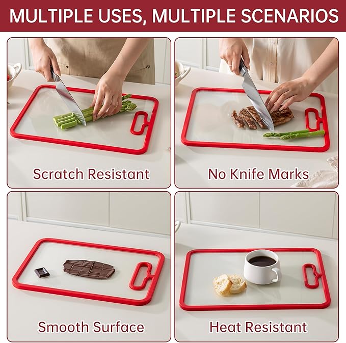 Glass Cutting Board for Kitchen, 2Pcs Tempered Glass Chopping Board with Non-Slip Edges, Dishwasher Safe Clear Cutting Board Set for Countertop, Heat & Shatter Resistant, (Red) 15"×11"