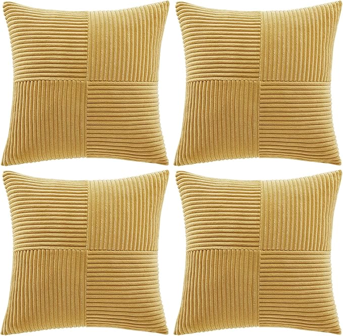 Fancy Homi 4 Packs Mustard Yellow Decorative Throw Pillow Covers 18x18 Inch for Living Room Couch Bed, Farmhouse Boho Home Decor, Soft Cross Corduroy Patchwork Textured Accent Cushion Case 45x45 cm