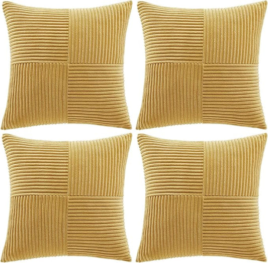 Fancy Homi 4 Packs Mustard Yellow Decorative Throw Pillow Covers 16x16 Inch for Living Room Couch Bed, Rustic Farmhouse Boho Home Decor, Soft Cross Patchwork Corduroy Textured Cushion Case 40x40 cm