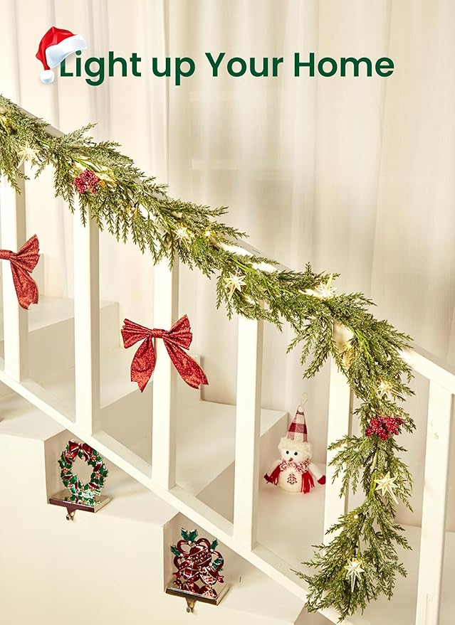 Brightown Christmas Garland with Lights, 6Ft 20 LED Lighted Pine Leaves Garland Decorated with Snowflakes, Berry, North Star, Battery Operated Indoor & Outdoor Christmas Lights for Mantle Stairs Wall