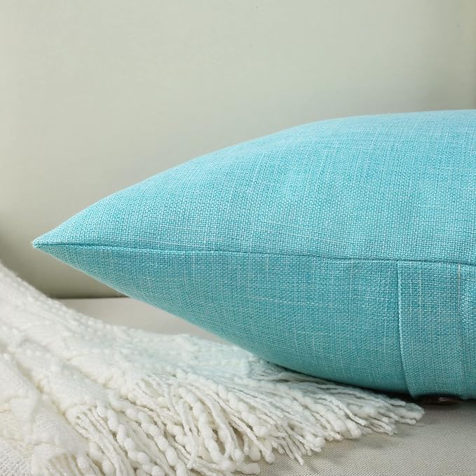 HAUSSY Turquoise Linen Decorative Throw Pillow Covers 24x24 Inch Set of 2, Square Euro Cushion Case with 3 Vintage Buttons,Modern Farmhouse Home Decor for Couch,Bed