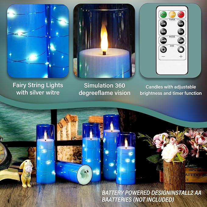 Flameless LED Candles with Timer 9 Pc Flickering Flameless Candles for Romantic Ambiance and Home Decoration Stable Acrylic Shell,with Embedded Star String，Battery Operated Candles（Blue）