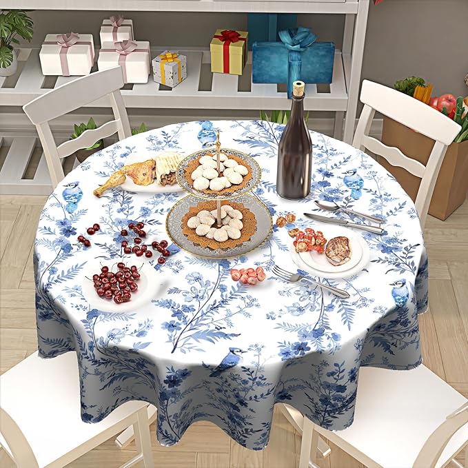 Blue Floral Round Tablecloth 60 Inch Chinoiserie Flowers Table Cloth Round Vintage Farmhouse Tablecloth Spring Blue White Floral Washable Round Table Cover for Home Picnic Dinner Table Decoration