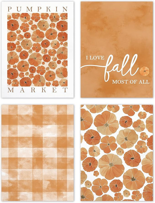TLESKE Orange Fall Pumpkins Market Posters Prints Unframed Set of 4, Autumn Aesthetic Wall Art Prints for Dorm Bedroom Living Room, I Love Fall Most of All Pictures Wall Decor, 12x16