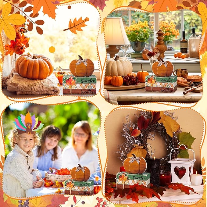 4 Pcs Fall Decorations for Home Fall Tiered Tray Decor Thanksgiving Wood Book Stack with Sign Autumn Stacked Book Decor Bundle for Office Table Shelf Decorative Trays(Pumpkin)