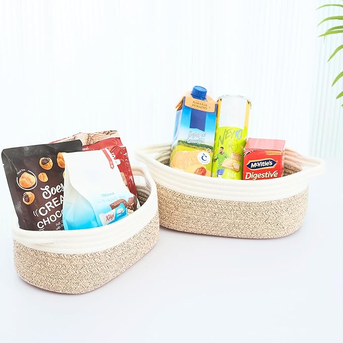 MINTWOOD Design 5-Piece Small Decorative Woven Storage Baskets Set for Shelves, Bathroom, Pantry and Nightstand Organizer, Catch All Tray for Organizing Gifts, Dog and Cat Toys, Light Brown