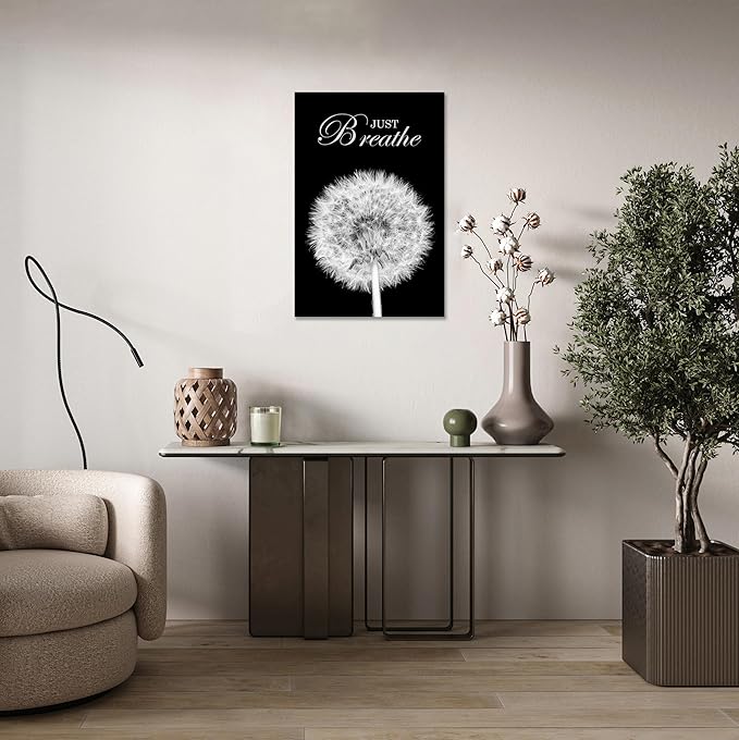 YIOZHAOFH Black Dandelion Picture Artwork Bedroom Decoration Just Breathe Canvas Painting Photo Relaxing Meditation Art Wall Decor Framed for Home Room Office (24L x 36W)