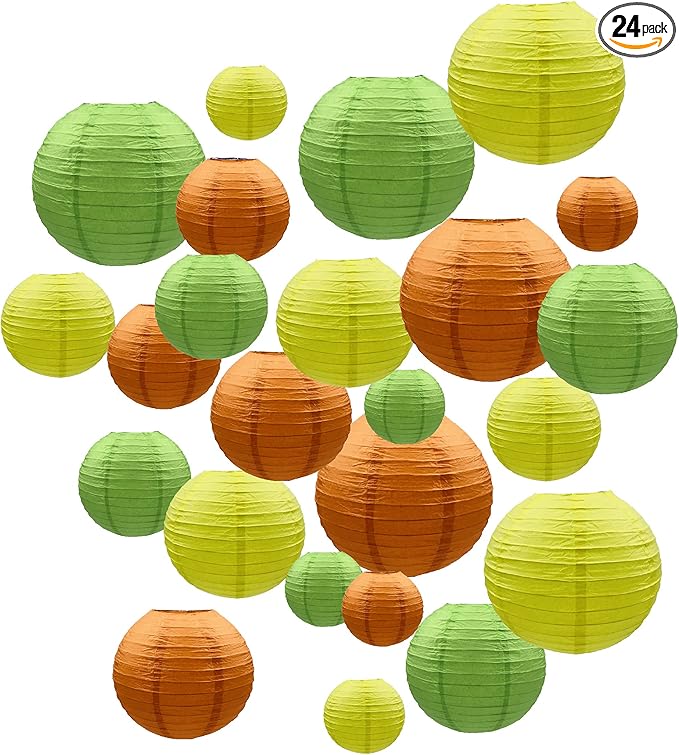 Handmade Decorative Chinese Japanese Hanging Paper Lanterns 24pcs Assorted Sizes 6”, 8”, 10”, 12” Mixture Colors Decoration for Home, Weddings and Parties Lanterns (Orange-Yellow-Green)