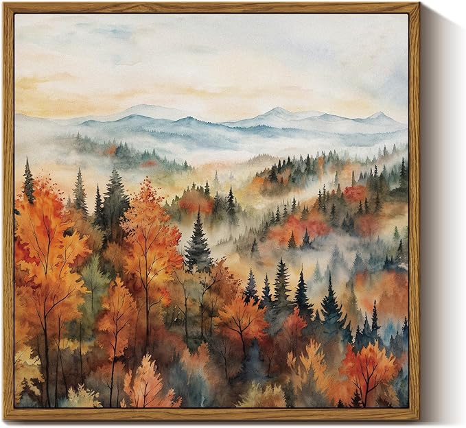 InSimSea Square Framed Canvas Wall Art, Autumn Prints Classical Landscape Pine Forest In The Morning Mist, Fall Home Wall Decor for Living Room, Bedroom, Bathroom, Office 12"x12"