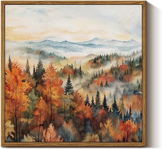 InSimSea Square Framed Canvas Wall Art, Autumn Prints Classical Landscape Pine Forest In The Morning Mist, Fall Home Wall Decor for Living Room, Bedroom, Bathroom, Office 12"x12"