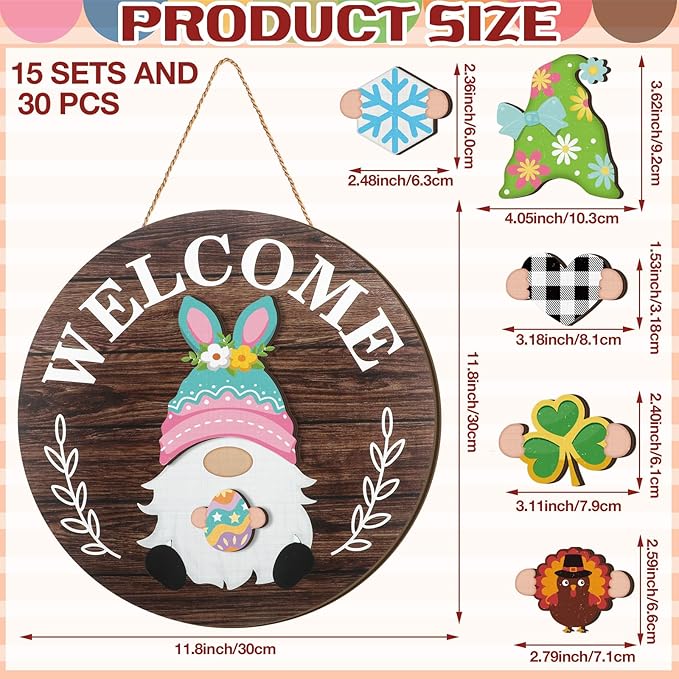 Qunclay Interchangeable Wooden Gnome Decor Holiday Seasonal Gnome Decorations with Magnet Pieces and Detachable Hats Changeable Welcome Sign for Home(Attractive Style)