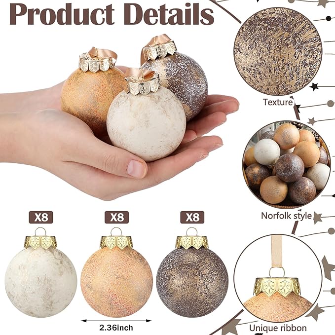 24 Pcs Neutral Textured Christmas Ball Ornaments 2.36'' Vintage Christmas Tree Decor Modern Rustic Brown Ornaments with Loop Shatterproof Hanging Ball for Xmas Farmhouse Decor (Light Brown)
