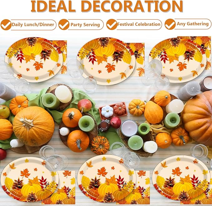 Fall Party Oval Paper Plates 11inch Large Thanksgiving Maple Leaves Plates and Napkins, Gold Foil Fall Party Decoration Favor Dish Tray for Autumn Holiday Gathering Supplies Tableware, 25 Guest