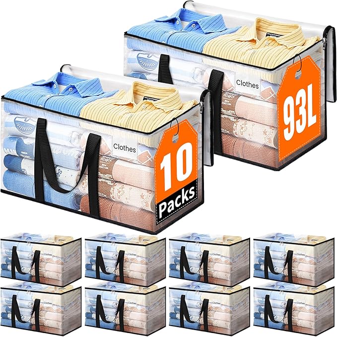 Extra Large Heavy Duty Moving Bags, Storage Bags with Strong Zippers & Handles, Packing Bags for Moving Essentials, Ideal Storage Tote for Home, Dorm & Storage Solutions, 93L-10 Packs, Clear