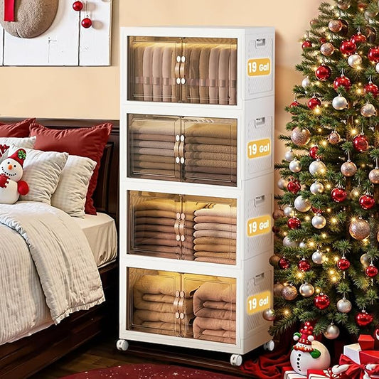 76 Gal Stackable Storage Bins with Lids and Double Doors Plastic 4 Tier Storage Box Collapsible Organizer with Wheels Large Folding Storage Containers for Home Organization 4 Pack 19gal x 4