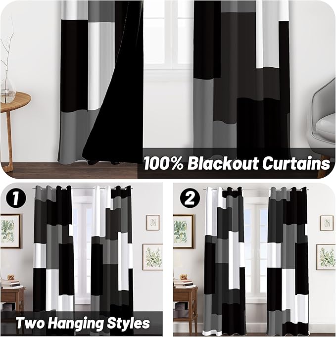 Black Grey 100% Blackout Curtains for Bedroom 96 inch Long 2 Panels Set White Grey Modern Abstract Geometric Black Out Curtains Insulated Room Darkening Window Drapes for Living Room, 52Wx96L