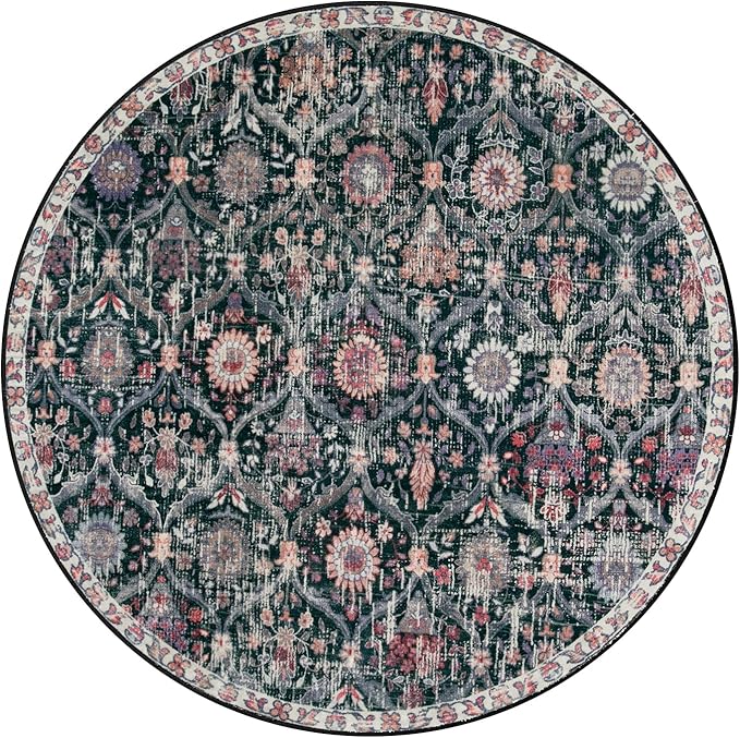Lahome Moroccan Trellis Washable Round Area Rug, Round Rug 5ft Soft Non-Slip, Non-Shedding Distressed Circle Carpet for Bedroom Living Room Bathroom Nursery Kitchen, Black/Multi