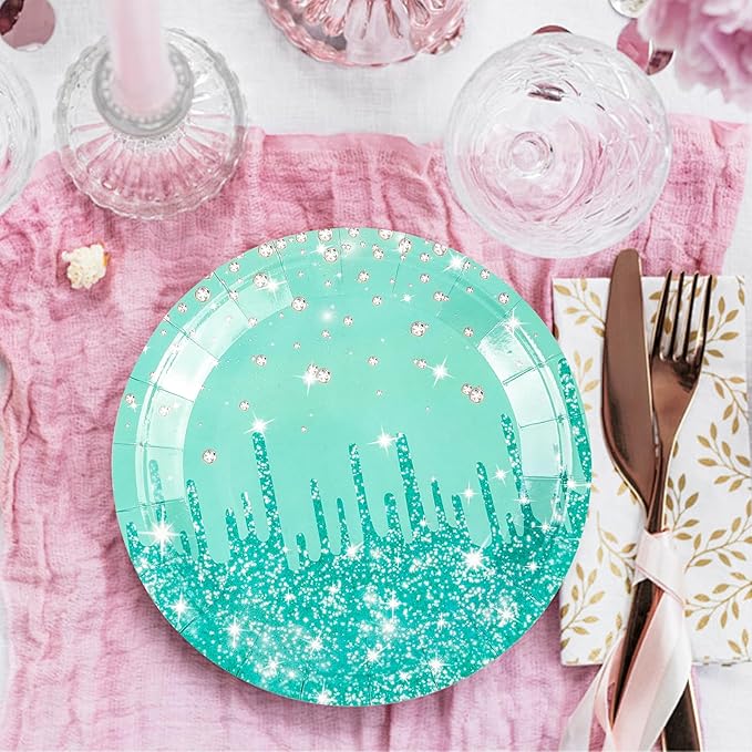 50PCS Green Glitter Paper Plates 7inch Sage Green Diamond Birthday Dessert Plate for Cake Salad Pizza Disposable plates Supplies for Girls Women Mermaid Anniversary Birthday Wedding Theme Party
