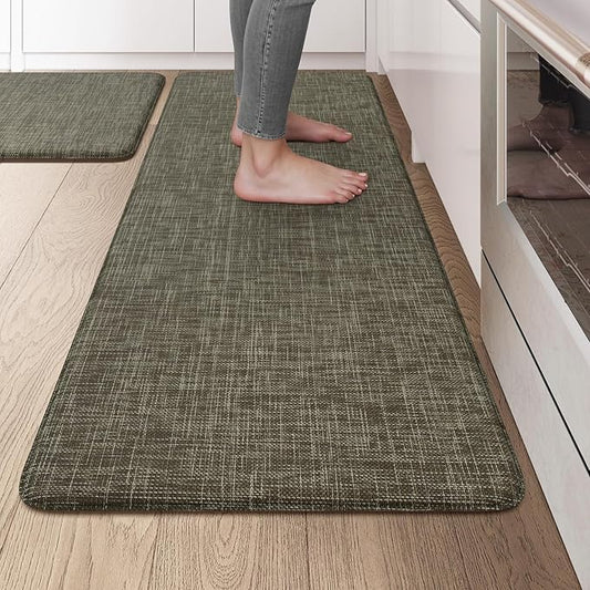 KIMODE Anti Fatigue Kitchen Mat for Floor, Farmhouse Kitchen Rugs Sets of 2, 20"x47"+20"x32" Paded Kitchen Floor Mats, Comfort Textilene Standing Mats for Laundry Office Sink Desk Brown/Green