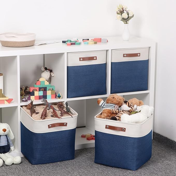 Temary Blue Storage Baskets for Shelves 13 Inch Cube Storage Bins 4Pack Fabric Cubes Basket with Handles for Organizing Shelf Baskets for Home Office Closet (White&Blue)