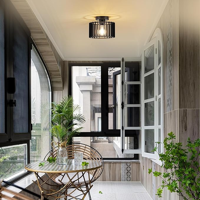 Ceiling Light Fixture Industrial Black Iron Cage Flush Mount, 9 - inch Diameter, Hallway Light Fixtures Modern Ceiling Lights for hallways Eentryway Bathroom Bedroom Kitchen