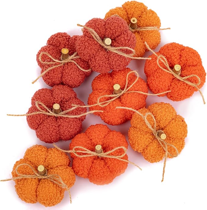 Fake Fall Pumpkin Decorations for Home, 9 Pcs Artificial Mini Fabric Pumpkins Autumn Decor, Fake Pumpkins for decorating, Fall Wedding Table Centerpiece Mantel Harvest Decor, Halloween, Thanksgiving