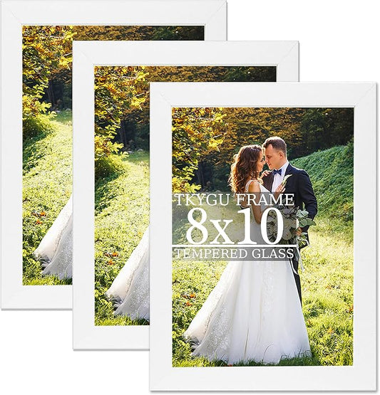 8x10 Picture Frame Set of 3, Made of Real Glass for 8x10 White Composite Wood Frames, Wall and Tabletop Display Photo Frame for Gallery Family Wedding Memorial Pic Frame Best Gift