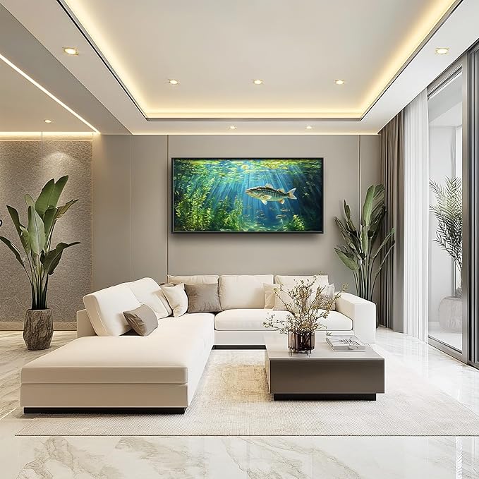 Flintis Large Ocean Fish Framed Wall Art Natural Green Plants Pictures Wall Decor Abstract Fishing Canvas Painting Print Artworks Decor Framed for Living Room Bathroom Master Bedroom 60L X 30W