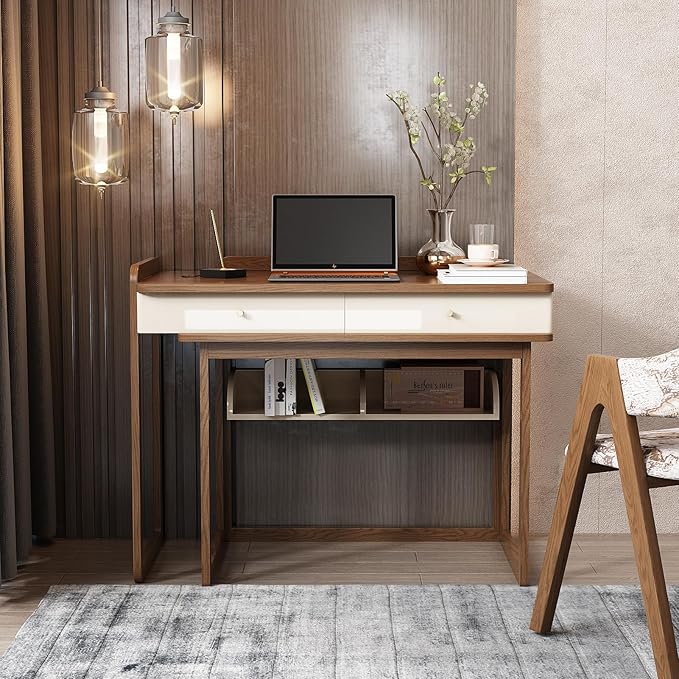 Lartis Extendable to 70" Solid Wood Desk, Storage Study Table with Side Unit, Multifunctional Workbench, Modern Office and Study Computer Desk
