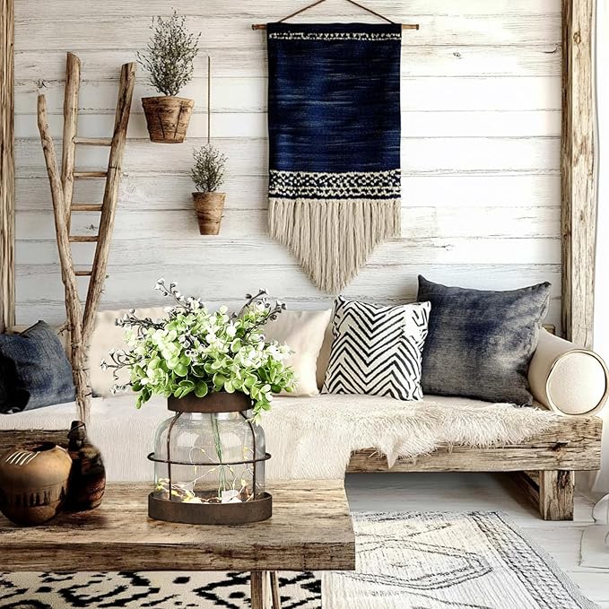 Farmhouse Rustic Vintage Primitive Glass Vases Lantern with Lights Green Artificial Eucalyptus Fake Plants Home Decor Centerpiece for Coffee Office Dining Table Shelf Desk Counter Kitchen Bathroom