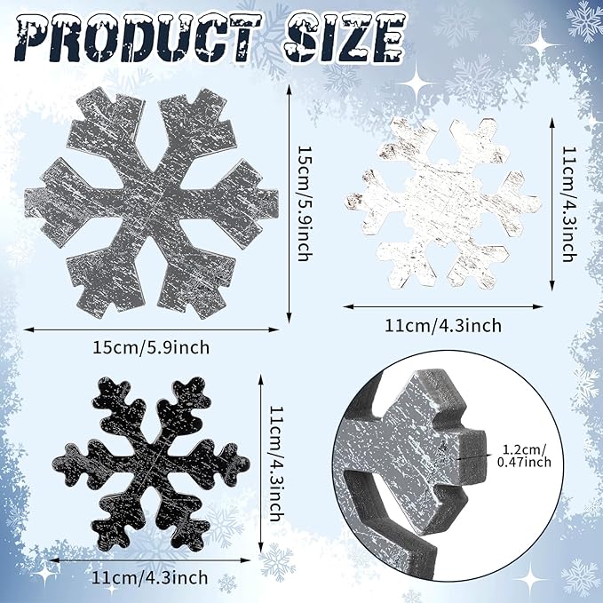 Bucherry 3 Pcs Winter Wooden Snowflake Decor Rustic Winter Snowflake Table Signs Wonderland Wood Blocks Farmhouse Christmas Tiered Tray Decorations for Xmas Table Shelf(Gray, White, Black)