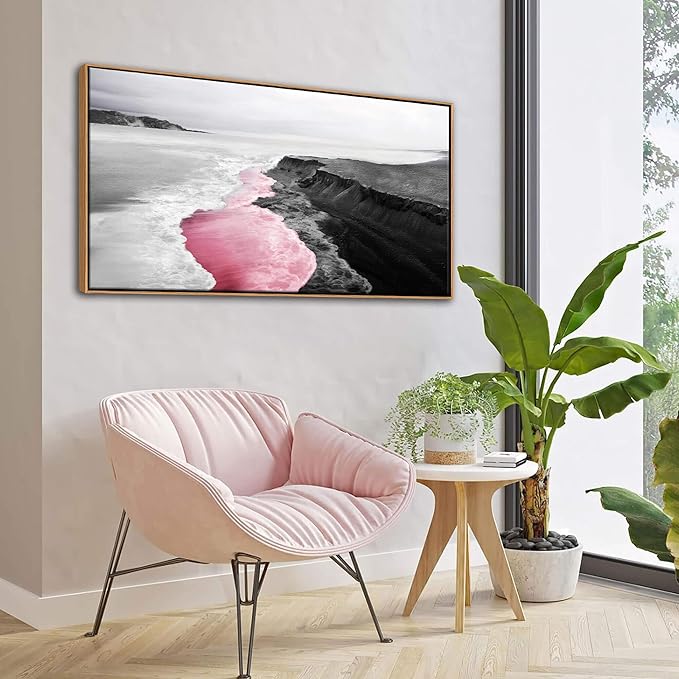 YCPRIMER Large Canvas Wall Art Beach Black and White Picture Painting Artwork Print Pink Room Suitable for Home Office Bedroom Living Room Bathroom Kitchen Wall Decor Ready to Hang