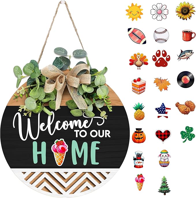GOSSBY Interchangeable Welcome Sign for Front Door - WELCOME TO OUR HOME - Seasonal Rustic Wood Wreath - Hanging Wall Sign Decoration for Outside, Porch, Farmhouse - New Home, Housewarming Gift