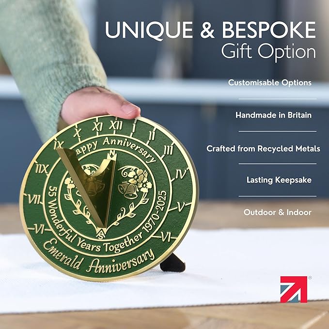 Anniversary Sundial Gift for 55th Emerald Wedding Anniversary in 2025 - Recycled Metal Home Decor Or Garden Present Idea - Handmade in UK for Him, Her Parents Or Couples 55 Year Celebration