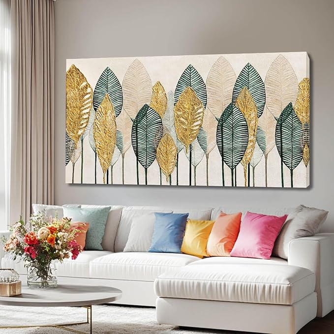 CHUDANHAO Green Canvas Artwork Gold Leaves Painting Beige Art Modern Wall Decor for Office Living Room Neutral Wall Art 29"x58" Print Photos