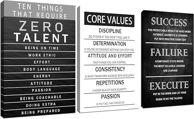 Zero Talent Poster Motivational Office Quotes Wall Art Core Values Inspirational Wall Decor Canvas Print 3 Panel Picture Artwork for Living Room Bedroom Home Decor Framed Ready to Hang [48''Wx 24''H]