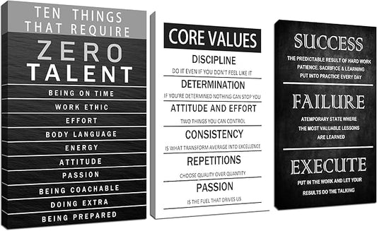 Zero Talent Poster Motivational Office Quotes Wall Art Core Values Inspirational Wall Decor Canvas Print 3 Panel Picture Artwork for Living Room Bedroom Home Decor Framed Ready to Hang [48''Wx 24''H]